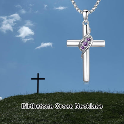 Cross Birthstone Necklace for Women 925 Sterling Silver Cross Pendant Christian Religious Jewelry Birthday Christmas Gifts for Her/Wife/Mom/Girlfriend