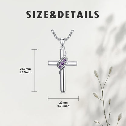 Cross Birthstone Necklace for Women 925 Sterling Silver Cross Pendant Christian Religious Jewelry Birthday Christmas Gifts for Her/Wife/Mom/Girlfriend