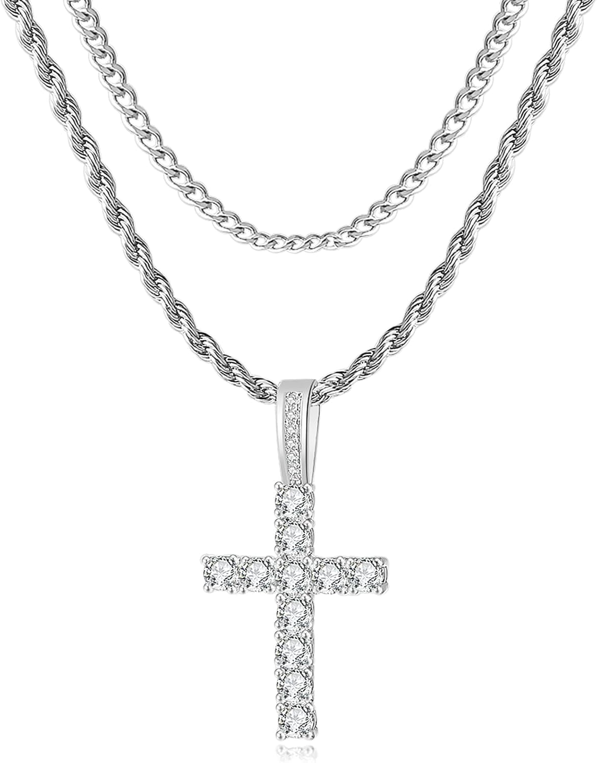 Cross Chain for Men 14K Gold Silver Plated Solid Iced Out 5A+ Cubic Zirconia Stainless Steel Cuban Link Rope Layered Chains 16 - 24 Inch Large Cross Diamond Pendant Nceklace Jewelry Gifts - WORLD TIME VISITS