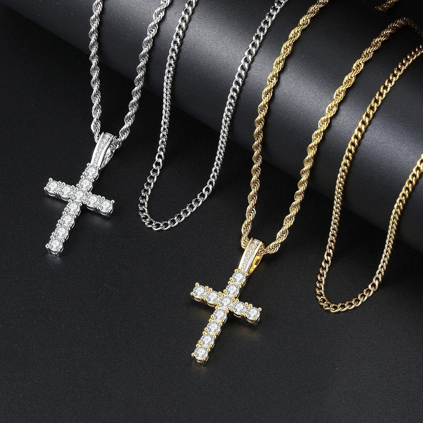 Cross Chain for Men 14K Gold Silver Plated Solid Iced Out 5A+ Cubic Zirconia Stainless Steel Cuban Link Rope Layered Chains 16-24 Inch Large Cross Diamond Pendant Nceklace Jewelry Gifts