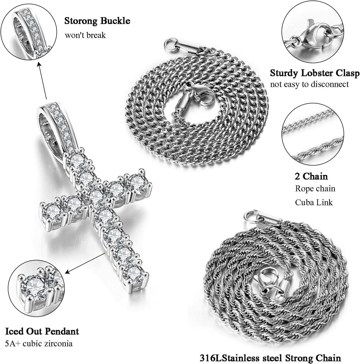 Cross Chain for Men 14K Gold Silver Plated Solid Iced Out 5A+ Cubic Zirconia Stainless Steel Cuban Link Rope Layered Chains 16-24 Inch Large Cross Diamond Pendant Nceklace Jewelry Gifts