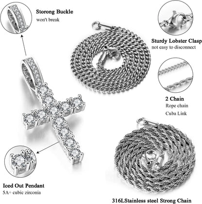 Cross Chain for Men 14K Gold Silver Plated Solid Iced Out 5A+ Cubic Zirconia Stainless Steel Cuban Link Rope Layered Chains 16-24 Inch Large Cross Diamond Pendant Nceklace Jewelry Gifts