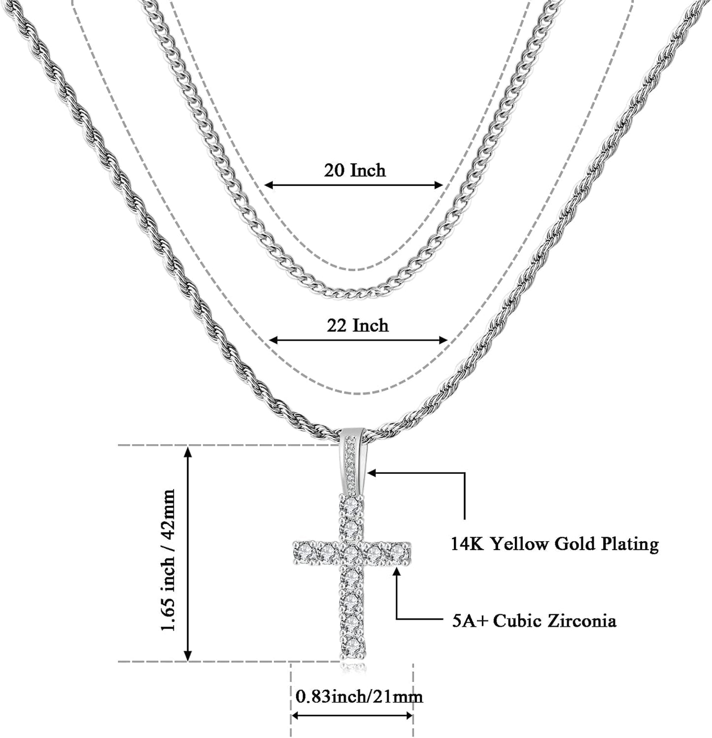 Cross Chain for Men 14K Gold Silver Plated Solid Iced Out 5A+ Cubic Zirconia Stainless Steel Cuban Link Rope Layered Chains 16 - 24 Inch Large Cross Diamond Pendant Nceklace Jewelry Gifts - WORLD TIME VISITS