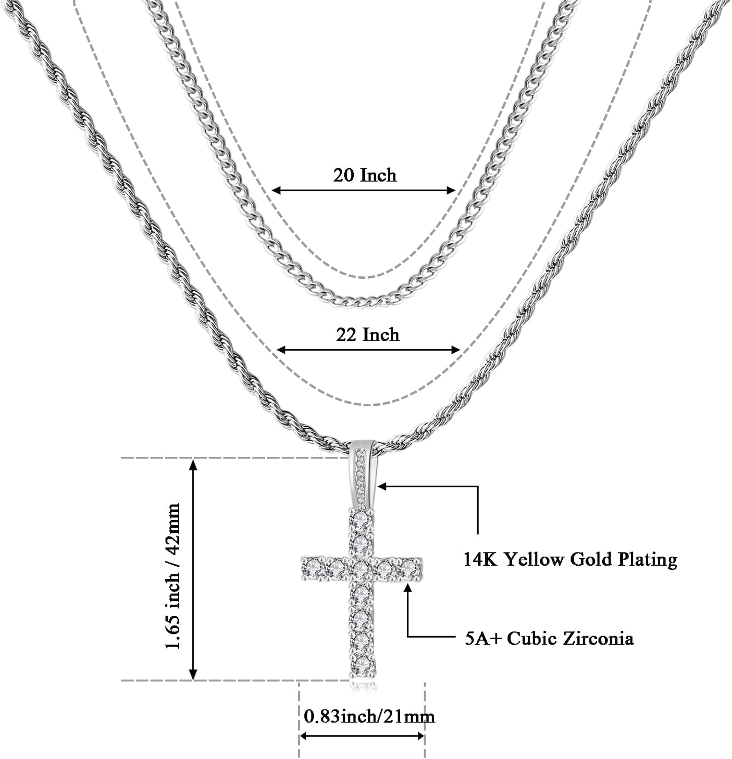Cross Chain for Men 14K Gold Silver Plated Solid Iced Out 5A+ Cubic Zirconia Stainless Steel Cuban Link Rope Layered Chains 16 - 24 Inch Large Cross Diamond Pendant Nceklace Jewelry Gifts - WORLD TIME VISITS