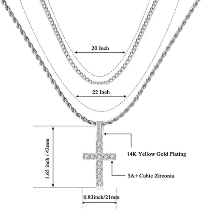 Cross Chain for Men 14K Gold Silver Plated Solid Iced Out 5A+ Cubic Zirconia Stainless Steel Cuban Link Rope Layered Chains 16 - 24 Inch Large Cross Diamond Pendant Nceklace Jewelry Gifts - WORLD TIME VISITS