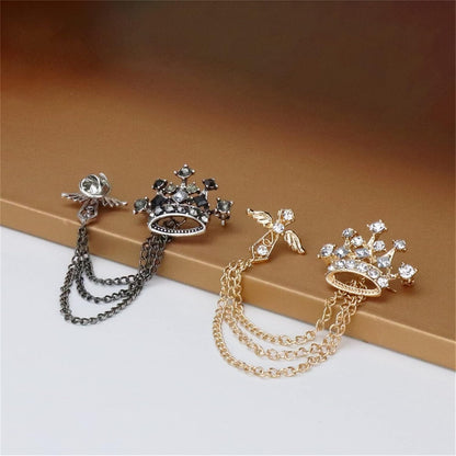 Cross Crown Long Chain Brooch for Men'S Rhinestone Tassel Brooch Pin Coat Tassel Chain Lapel Pins Suit Accessories