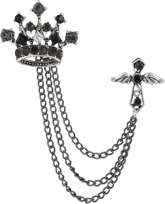 Cross Crown Long Chain Brooch for Men'S Rhinestone Tassel Brooch Pin Coat Tassel Chain Lapel Pins Suit Accessories - WORLD TIME VISITS