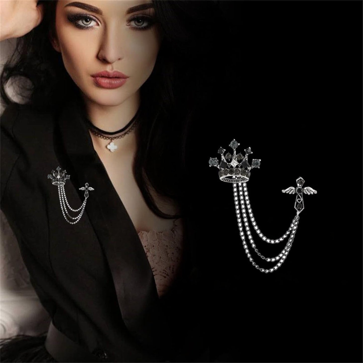 Cross Crown Long Chain Brooch for Men'S Rhinestone Tassel Brooch Pin Coat Tassel Chain Lapel Pins Suit Accessories - WORLD TIME VISITS