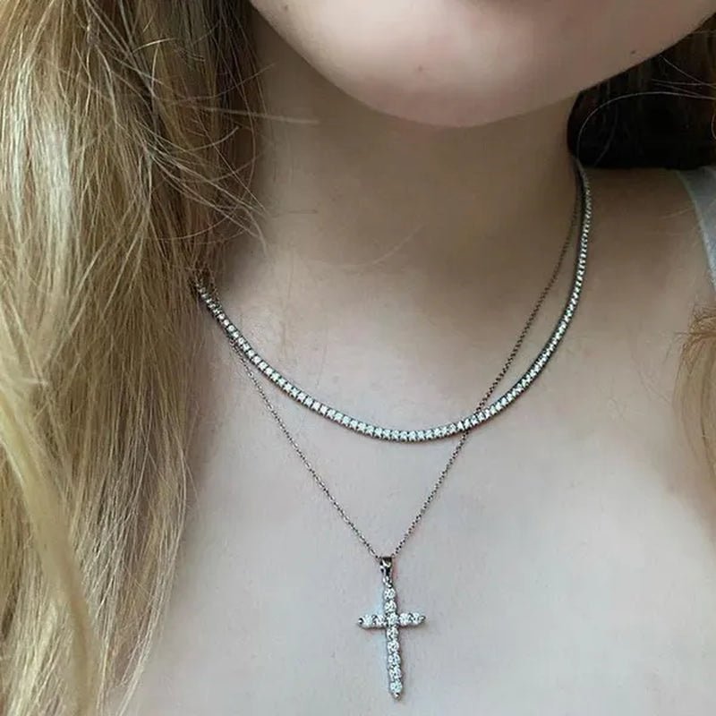 Cross Diamond Moissanite Pendant Necklace Party Wedding Choker Statement Necklace Women Fashion Jewelry