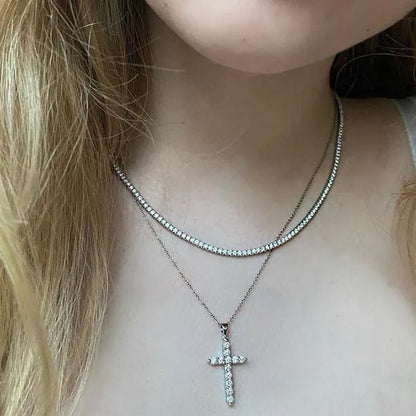Cross Diamond Moissanite Pendant Necklace Party Wedding Choker Statement Necklace Women Fashion Jewelry