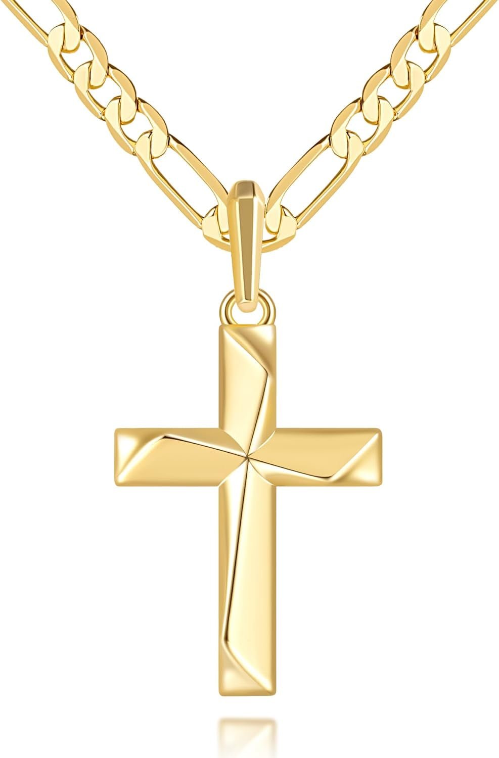 Cross Necklace 14K Gold Cross Necklace for Men Gold Crosses Chain for Men Irregular Cutting Lines with Figaro Chain Mens Crosses Pendant 20/22/24In - WORLD TIME VISITS