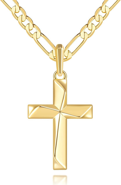 Cross Necklace 14K Gold Cross Necklace for Men Gold Crosses Chain for Men Irregular Cutting Lines with Figaro Chain Mens Crosses Pendant 20/22/24In - WORLD TIME VISITS