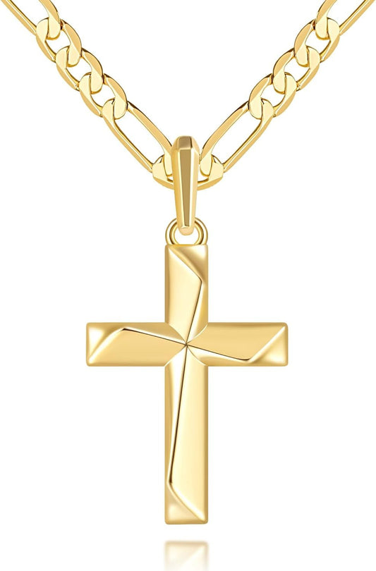 Cross Necklace 14K Gold Cross Necklace for Men Gold Crosses Chain for Men Irregular Cutting Lines with Figaro Chain Mens Crosses Pendant 20/22/24In - WORLD TIME VISITS