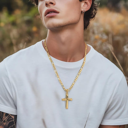 Cross Necklace 14K Gold Cross Necklace for Men Gold Crosses Chain for Men Irregular Cutting Lines with Figaro Chain Mens Crosses Pendant 20/22/24In