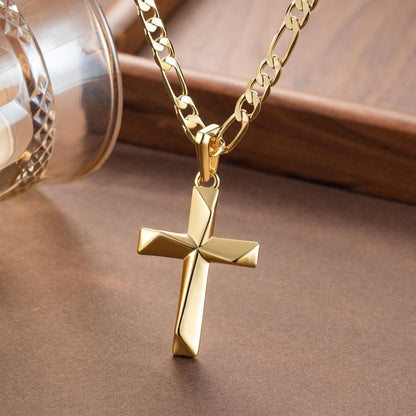 Cross Necklace 14K Gold Cross Necklace for Men Gold Crosses Chain for Men Irregular Cutting Lines with Figaro Chain Mens Crosses Pendant 20/22/24In
