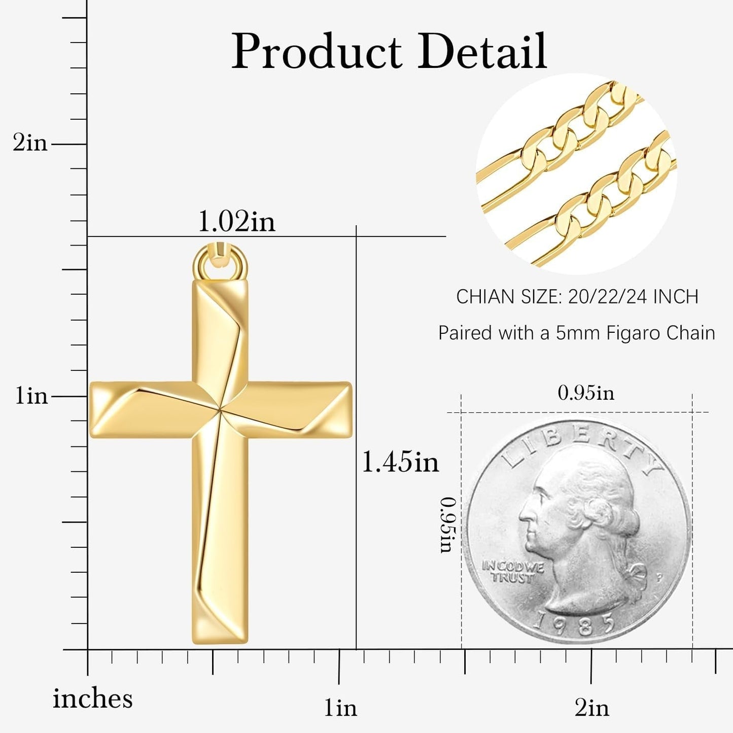 Cross Necklace 14K Gold Cross Necklace for Men Gold Crosses Chain for Men Irregular Cutting Lines with Figaro Chain Mens Crosses Pendant 20/22/24In - WORLD TIME VISITS