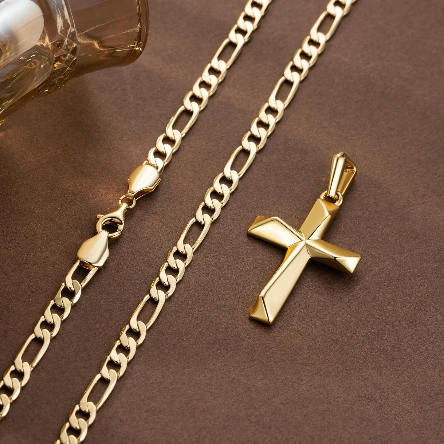 Cross Necklace 14K Gold Cross Necklace for Men Gold Crosses Chain for Men Irregular Cutting Lines with Figaro Chain Mens Crosses Pendant 20/22/24In