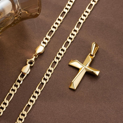Cross Necklace 14K Gold Cross Necklace for Men Gold Crosses Chain for Men Irregular Cutting Lines with Figaro Chain Mens Crosses Pendant 20/22/24In