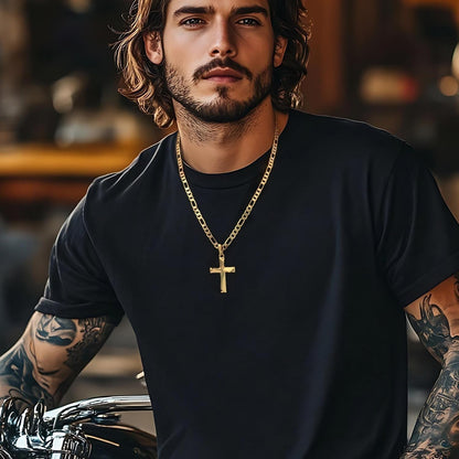 Cross Necklace 14K Gold Cross Necklace for Men Gold Crosses Chain for Men Irregular Cutting Lines with Figaro Chain Mens Crosses Pendant 20/22/24In
