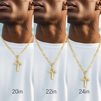 Cross Necklace 14K Gold Cross Necklace for Men Gold Crosses Chain for Men Irregular Cutting Lines with Figaro Chain Mens Crosses Pendant 20/22/24In