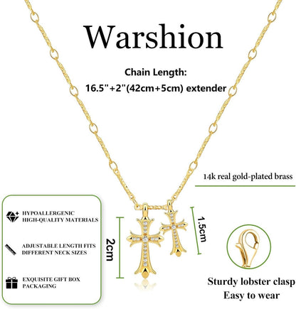 Cross Necklace 14K Gold/Silver Plated Double Cross Pendant Necklace Dainty Diamond Cross Charm Link Chain Choker Delicate Faith Jewelry Religious Gifts for Women