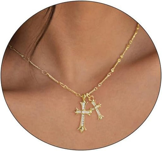 Cross Necklace 14K Gold/Silver Plated Double Cross Pendant Necklace Dainty Diamond Cross Charm Link Chain Choker Delicate Faith Jewelry Religious Gifts for Women - WORLD TIME VISITS