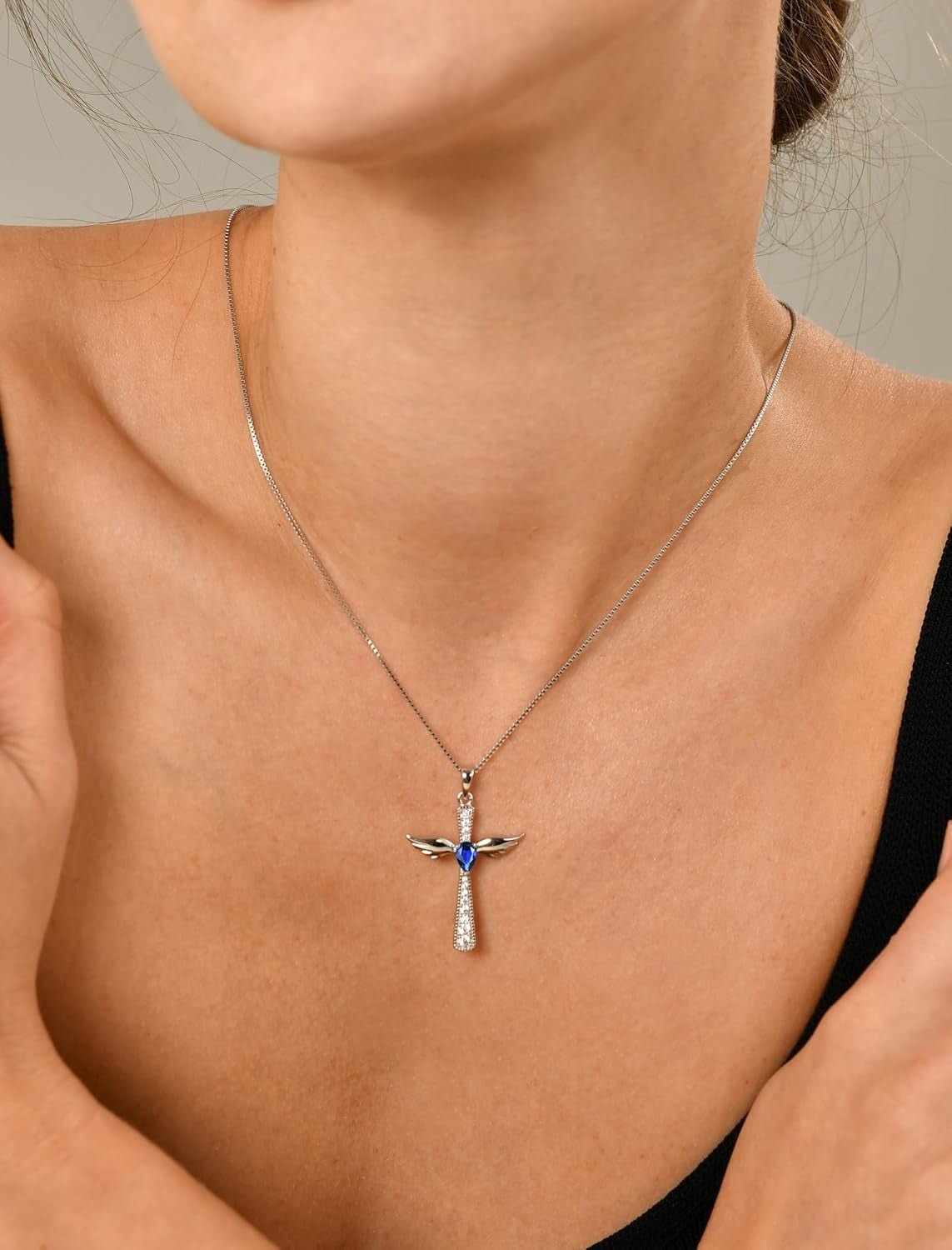 Cross Necklace 925 Sterling Silver Angel Wings Pendant Teardrop Birthstone Criss Jewelry for Women - WORLD TIME VISITS