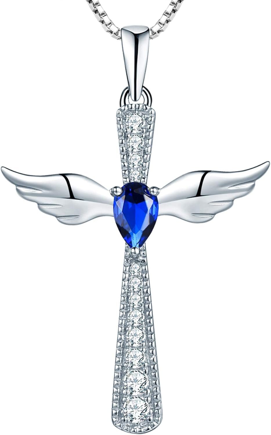 Cross Necklace 925 Sterling Silver Angel Wings Pendant Teardrop Birthstone Criss Jewelry for Women - WORLD TIME VISITS