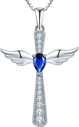 Cross Necklace 925 Sterling Silver Angel Wings Pendant Teardrop Birthstone Criss Jewelry for Women