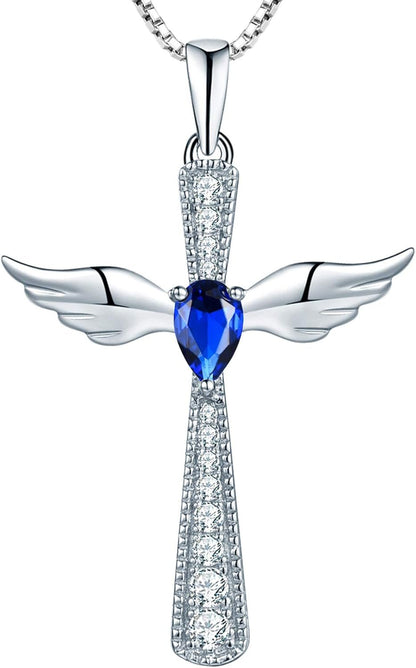 Cross Necklace 925 Sterling Silver Angel Wings Pendant Teardrop Birthstone Criss Jewelry for Women - WORLD TIME VISITS
