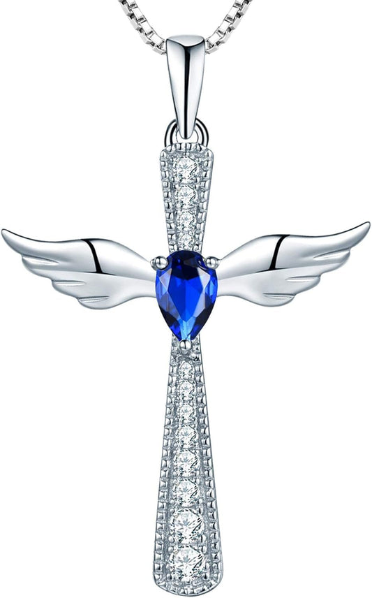 Cross Necklace 925 Sterling Silver Angel Wings Pendant Teardrop Birthstone Criss Jewelry for Women - WORLD TIME VISITS