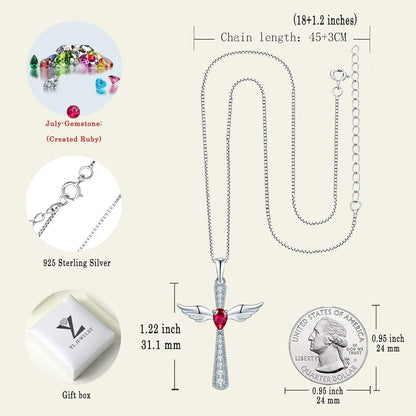 Cross Necklace 925 Sterling Silver Angel Wings Pendant Teardrop Birthstone Criss Jewelry for Women