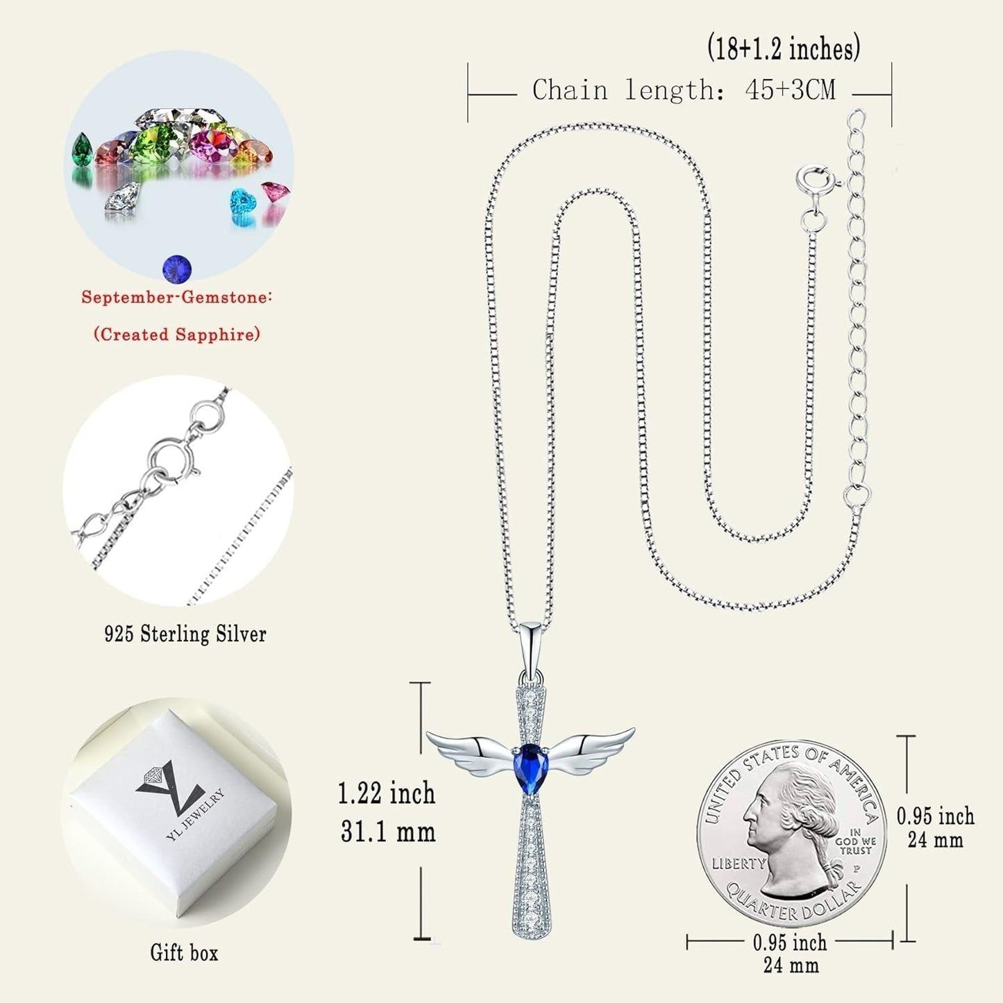 Cross Necklace 925 Sterling Silver Angel Wings Pendant Teardrop Birthstone Criss Jewelry for Women