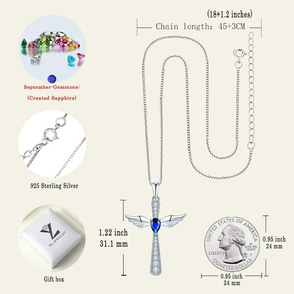 Cross Necklace 925 Sterling Silver Angel Wings Pendant Teardrop Birthstone Criss Jewelry for Women