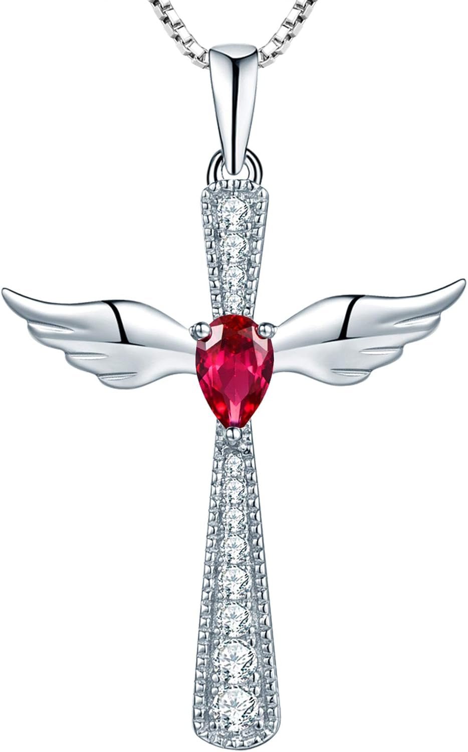 Cross Necklace 925 Sterling Silver Angel Wings Pendant Teardrop Birthstone Criss Jewelry for Women - WORLD TIME VISITS