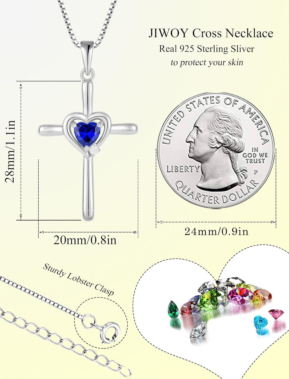 Cross Necklace 925 Sterling Silver Crucifix Pendant Heart Birthstone Religious Jewelry for Women