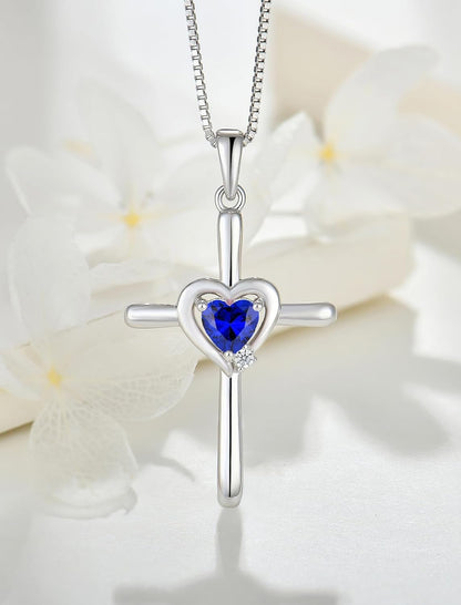 Cross Necklace 925 Sterling Silver Crucifix Pendant Heart Birthstone Religious Jewelry for Women