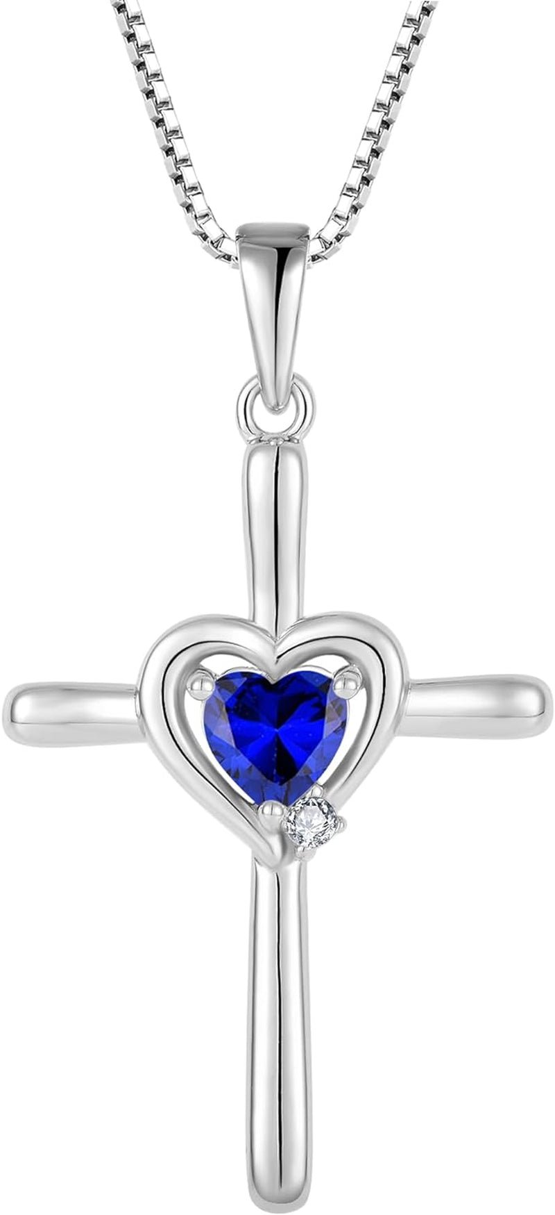 Cross Necklace 925 Sterling Silver Crucifix Pendant Heart Birthstone Religious Jewelry for Women - WORLD TIME VISITS