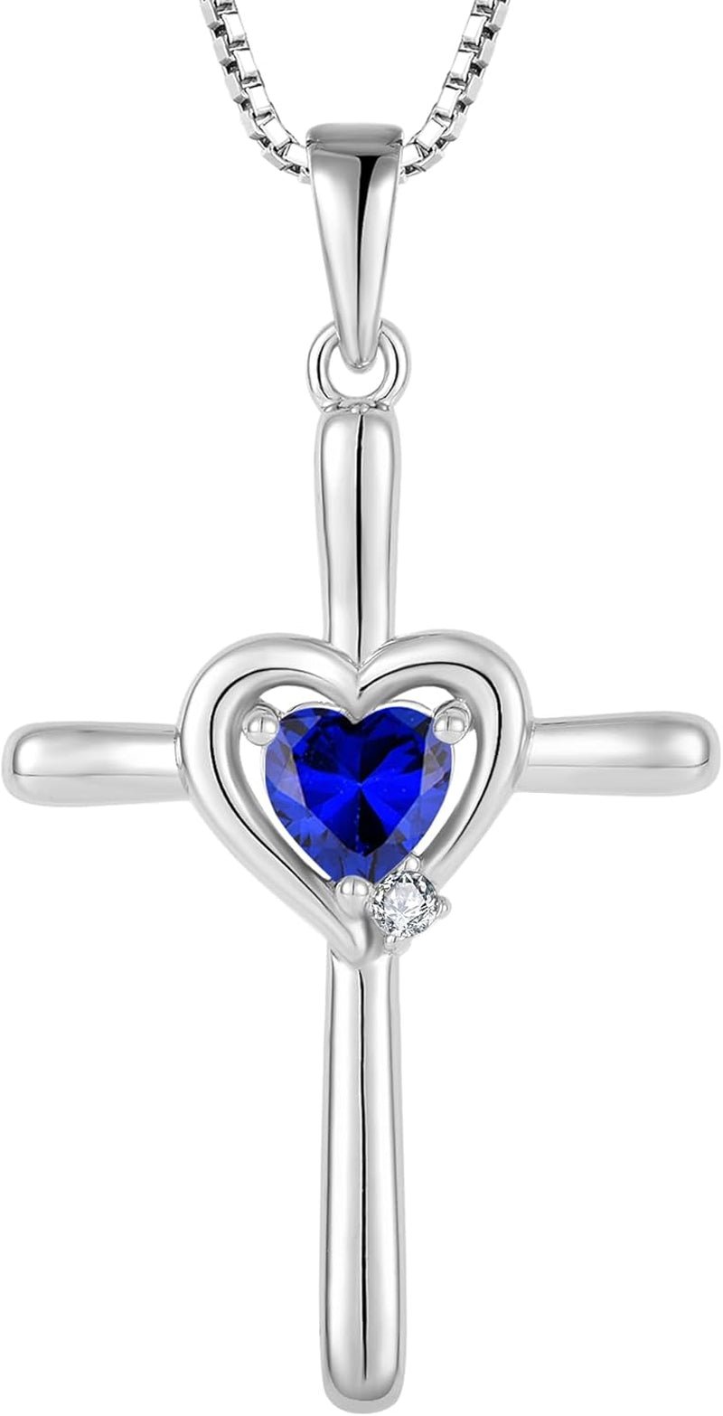 Cross Necklace 925 Sterling Silver Religious Pendant Crucifix Heart Birthstone Jewelry - WORLD TIME VISITS