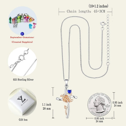 Cross Necklace 925 Sterling Silver Rose Flower Crucifix Pendant Birthstone Criss Jewelry for Women