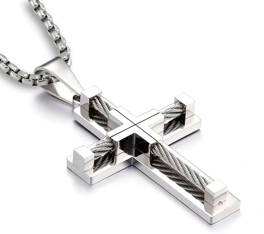 Cross Necklace for Men 316L Stainless Steel Jesus Christ Pendant Jewelry Rolo Chain for 20″ 22″ 24″ 26″ 28″ - WORLD TIME VISITS