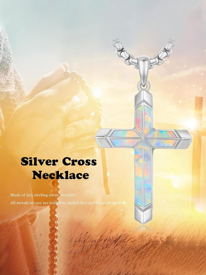 Cross Necklace for Men 925 Sterling Silver Turquoise Cross Pendant Necklace Religious Protection Jewelry Gifts for Women
