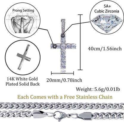 Cross Necklace for Men Gold Necklace for Women Gold Heart Cross Jewelry 14K Silver Plated Solid Iced Cubic Zirconia Stainless Steel Pendant Chain - WORLD TIME VISITS