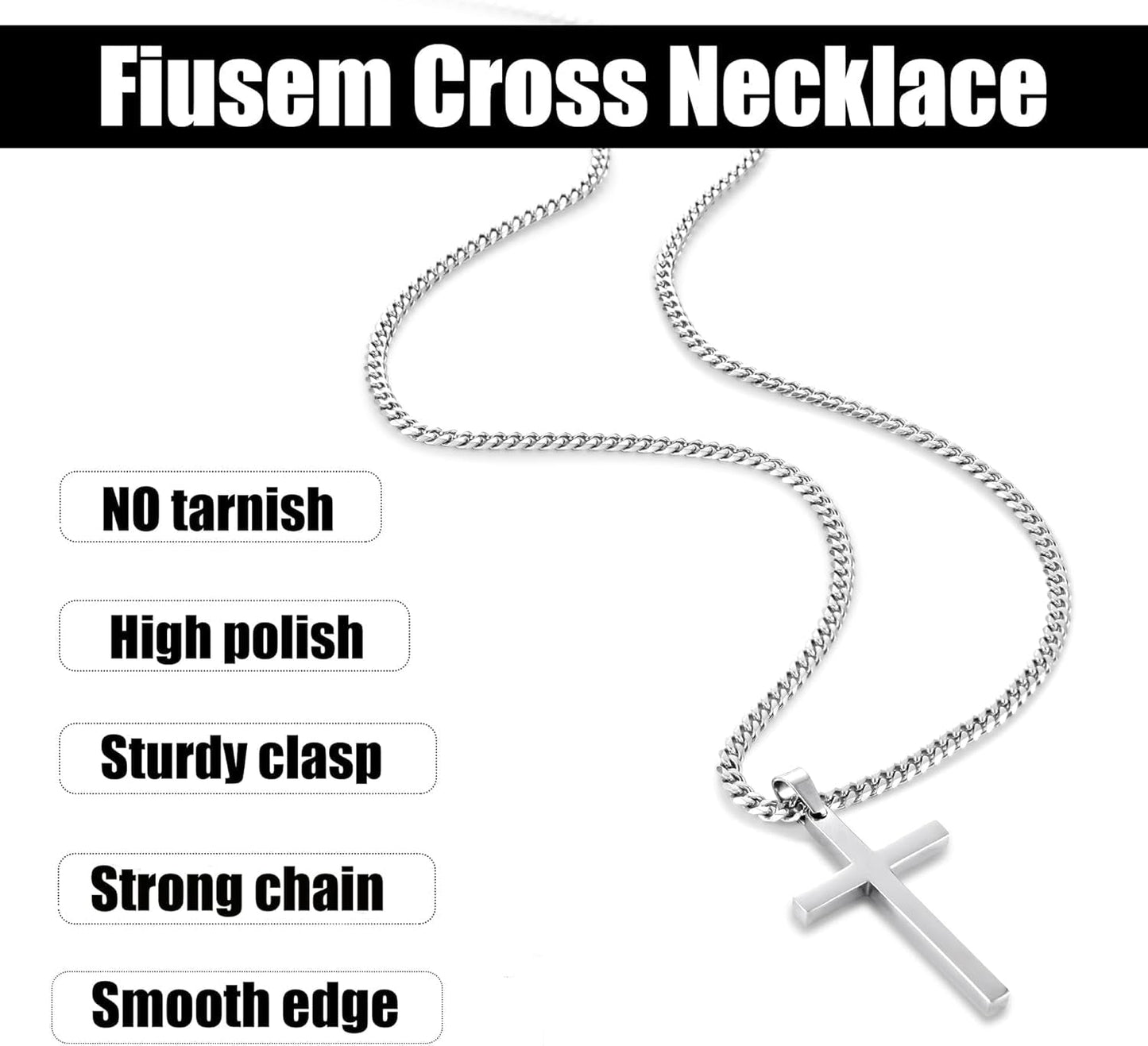 Cross Necklace for Men, Silver Tone/Black/14K Gold Plated Mens Cross Necklaces with 3.5Mm Chain and Stainless Pendant, Cuban Chain 16-24 Inches