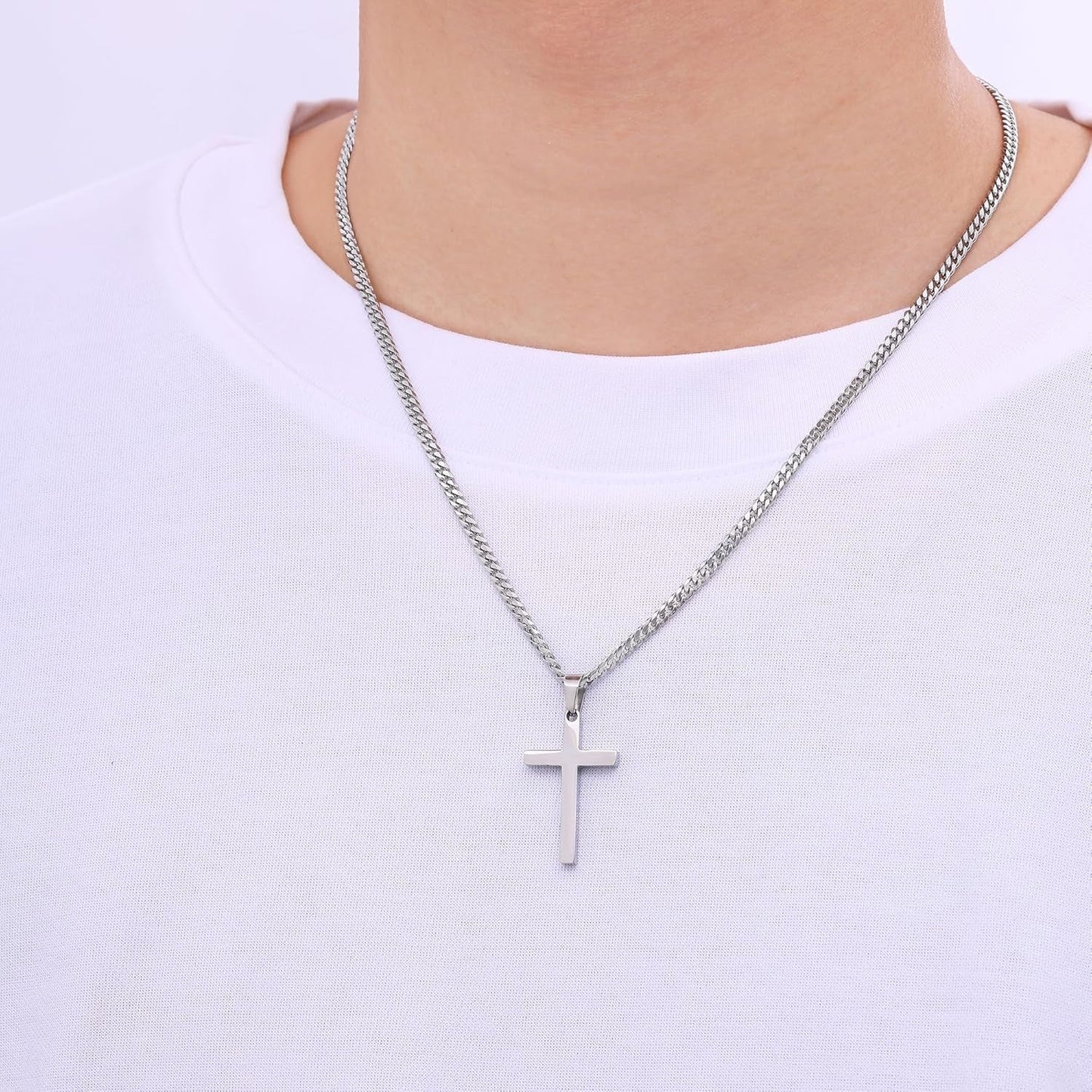 Cross Necklace for Men, Silver Tone/Black/14K Gold Plated Mens Cross Necklaces with 3.5Mm Chain and Stainless Pendant, Cuban Chain 16-24 Inches