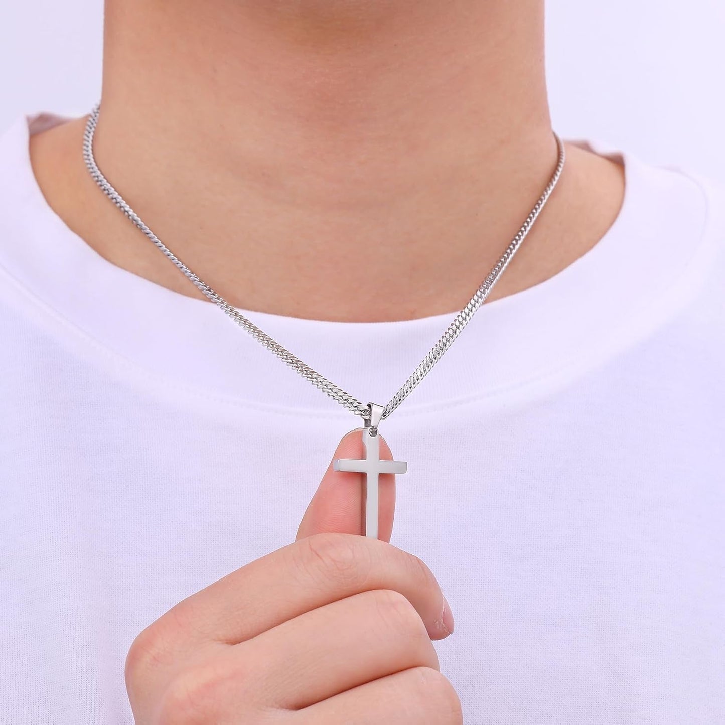 Cross Necklace for Men, Silver Tone/Black/14K Gold Plated Mens Cross Necklaces with 3.5Mm Chain and Stainless Pendant, Cuban Chain 16-24 Inches