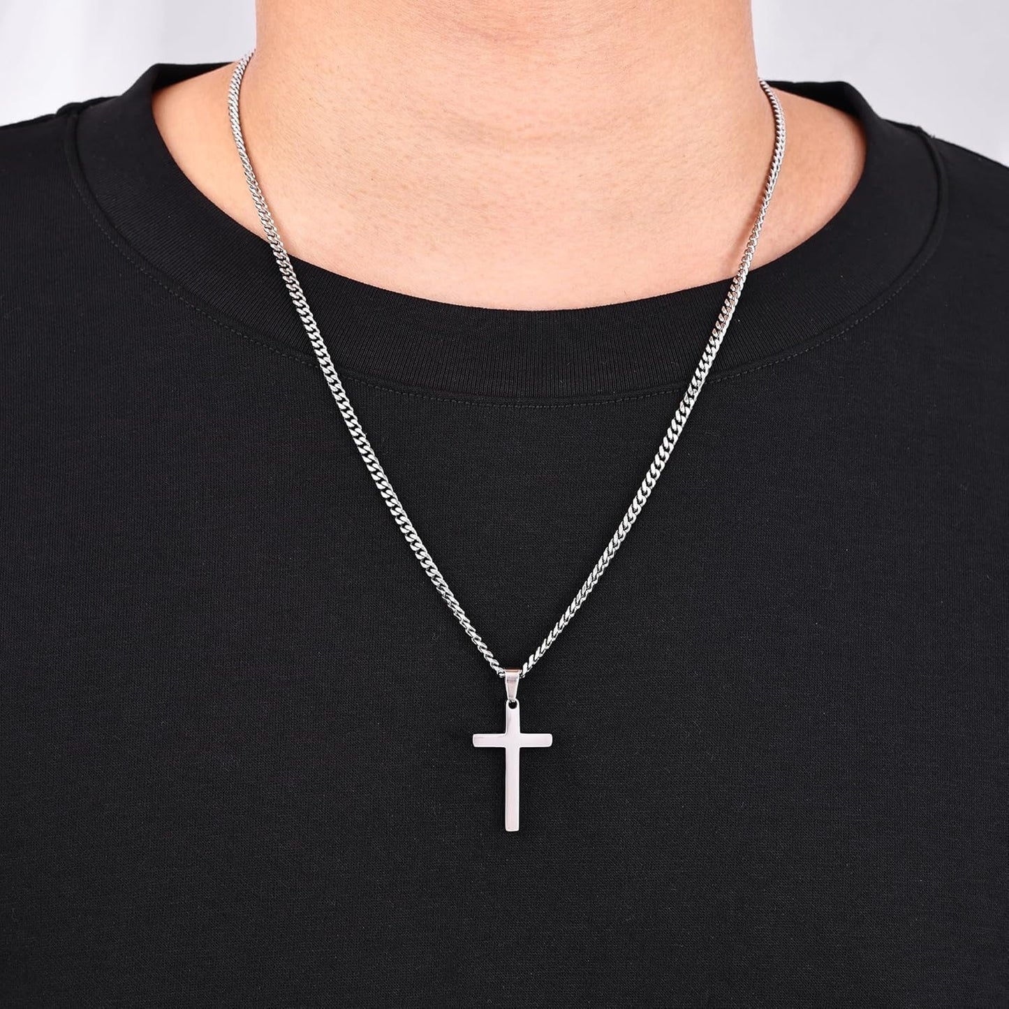 Cross Necklace for Men, Silver Tone/Black/14K Gold Plated Mens Cross Necklaces with 3.5Mm Chain and Stainless Pendant, Cuban Chain 16-24 Inches