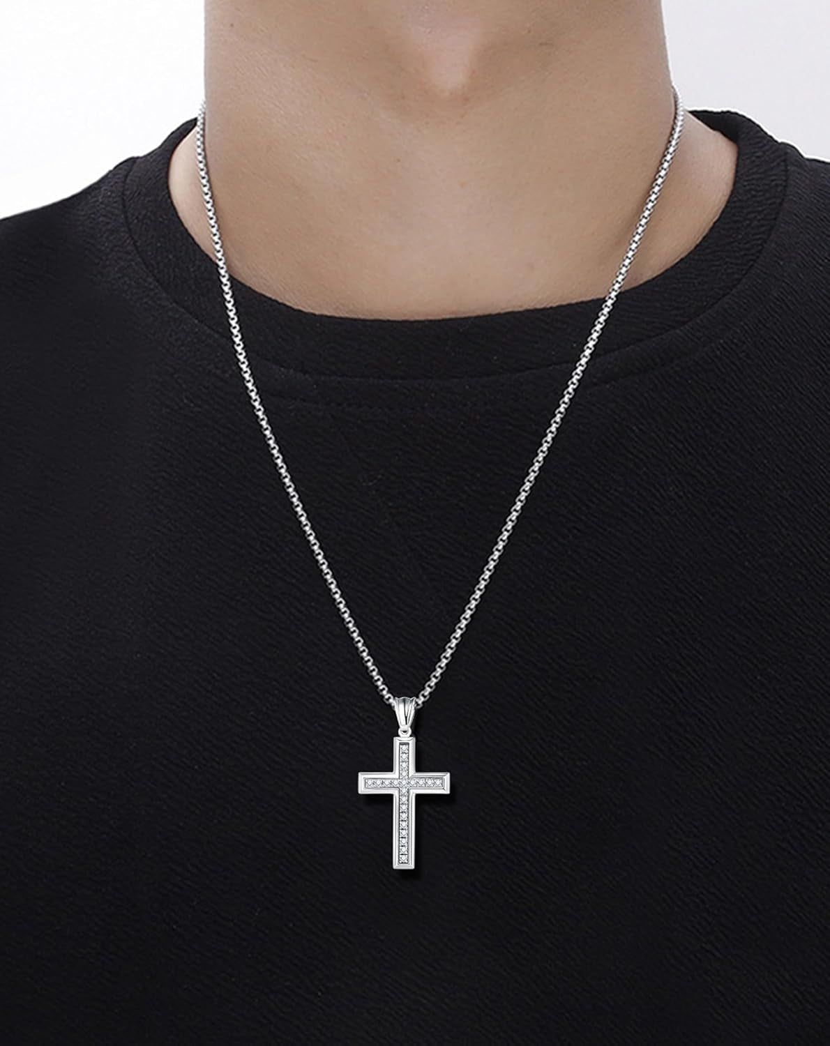 Cross Necklace for Men Stainless Steel Crucifix Pendant Silver White Gold Yellow Black Jesus Christ Plain Simple Women Fine Jewelry Gifts, 24 Inches Rolo Chain, Zirconia, Polished, Rope - WORLD TIME VISITS