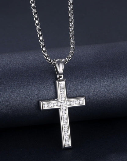 Cross Necklace for Men Stainless Steel Crucifix Pendant Silver White Gold Yellow Black Jesus Christ Plain Simple Women Fine Jewelry Gifts, 24 Inches Rolo Chain, Zirconia, Polished, Rope