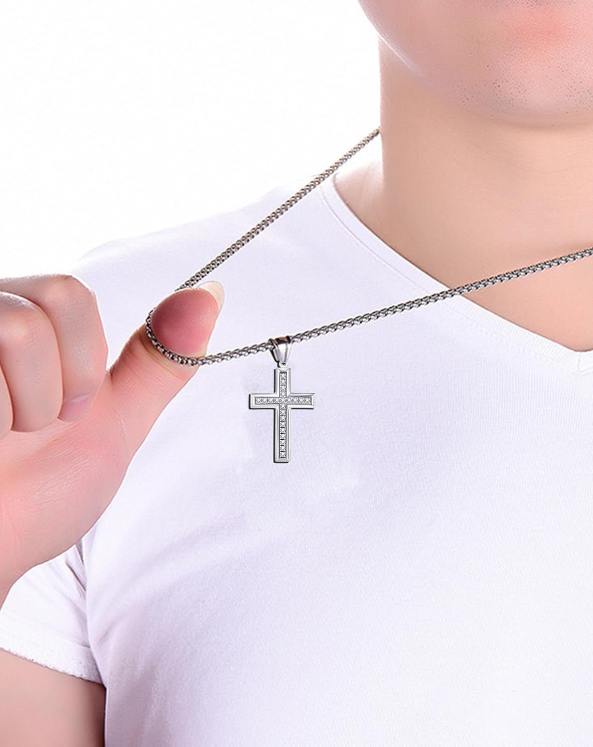 Cross Necklace for Men Stainless Steel Crucifix Pendant Silver White Gold Yellow Black Jesus Christ Plain Simple Women Fine Jewelry Gifts, 24 Inches Rolo Chain, Zirconia, Polished, Rope - WORLD TIME VISITS
